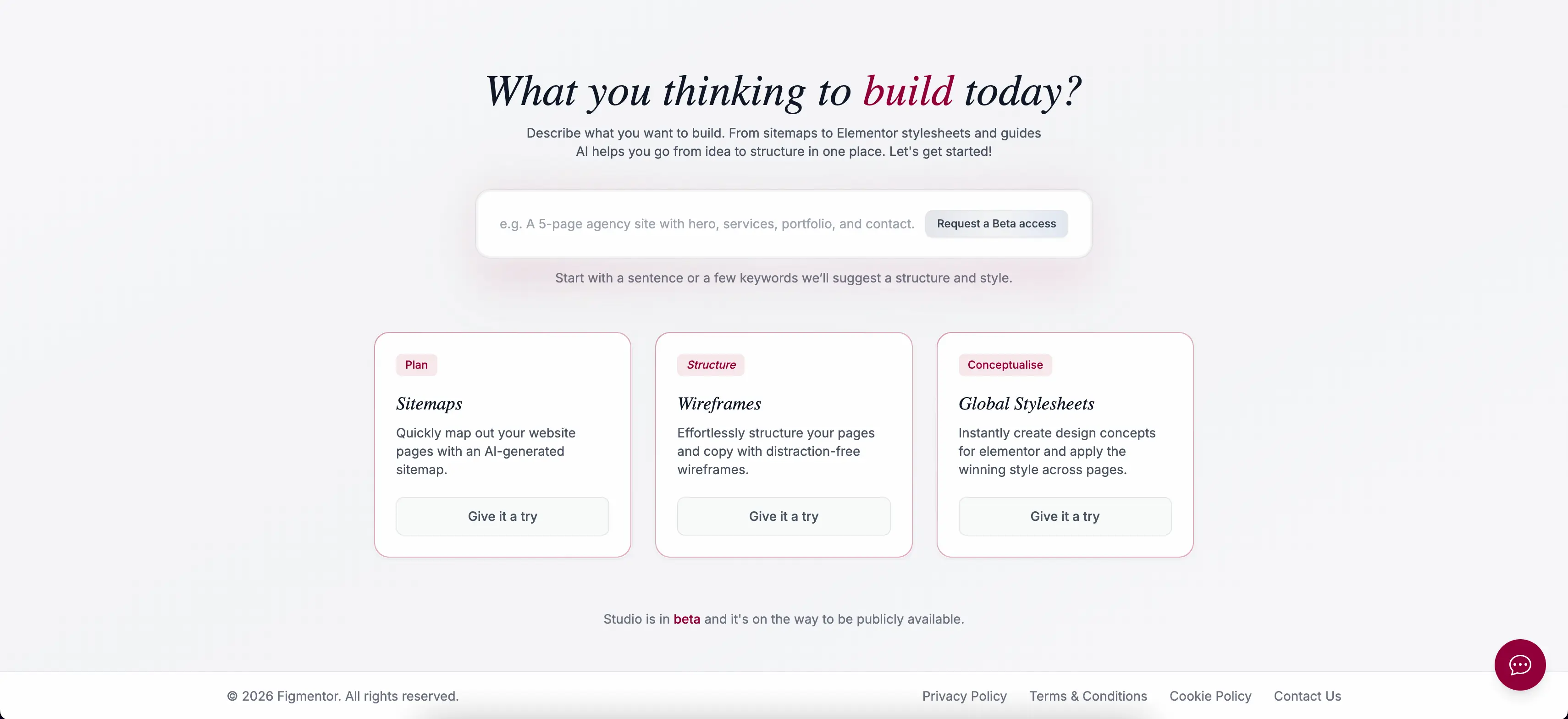 Figmentor Studio workspace showing AI-assisted sitemaps, wireframes, and global stylesheets