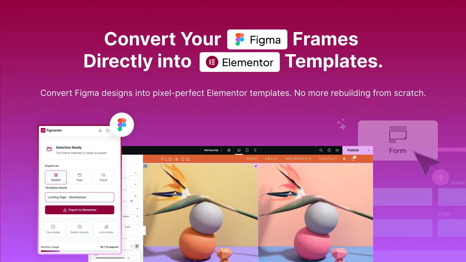 Figma to Elementor converter plugin interface showing one-click conversion